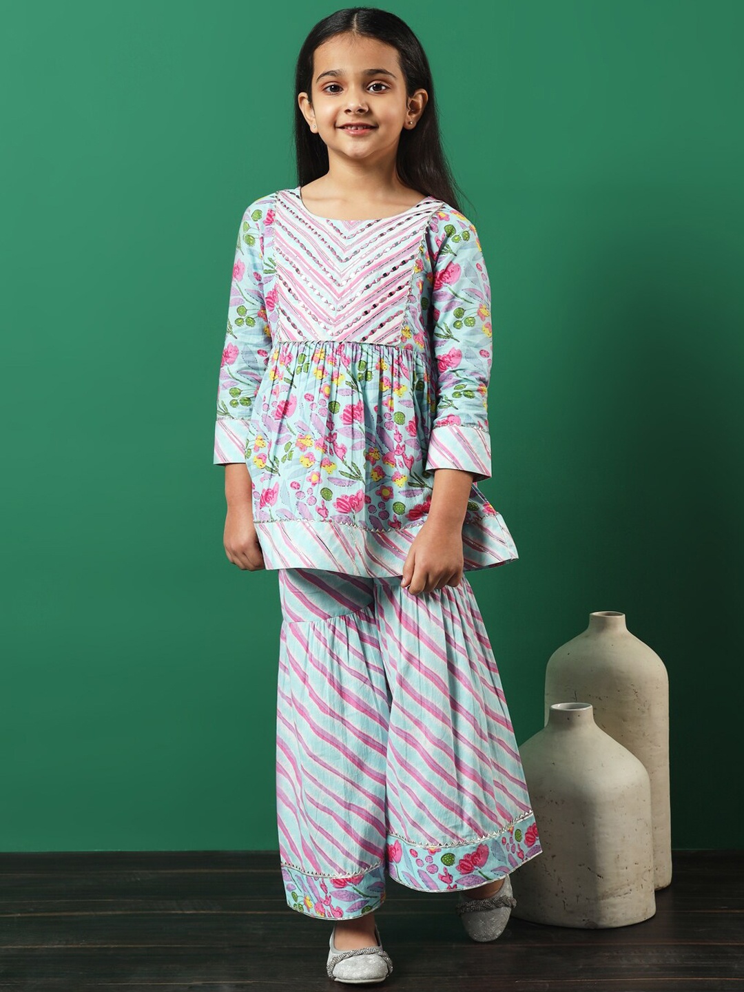 

Readiprint Girls Floral Printed Empire Gotta Patti Pure Cotton Kurti with Sharara, Turquoise blue