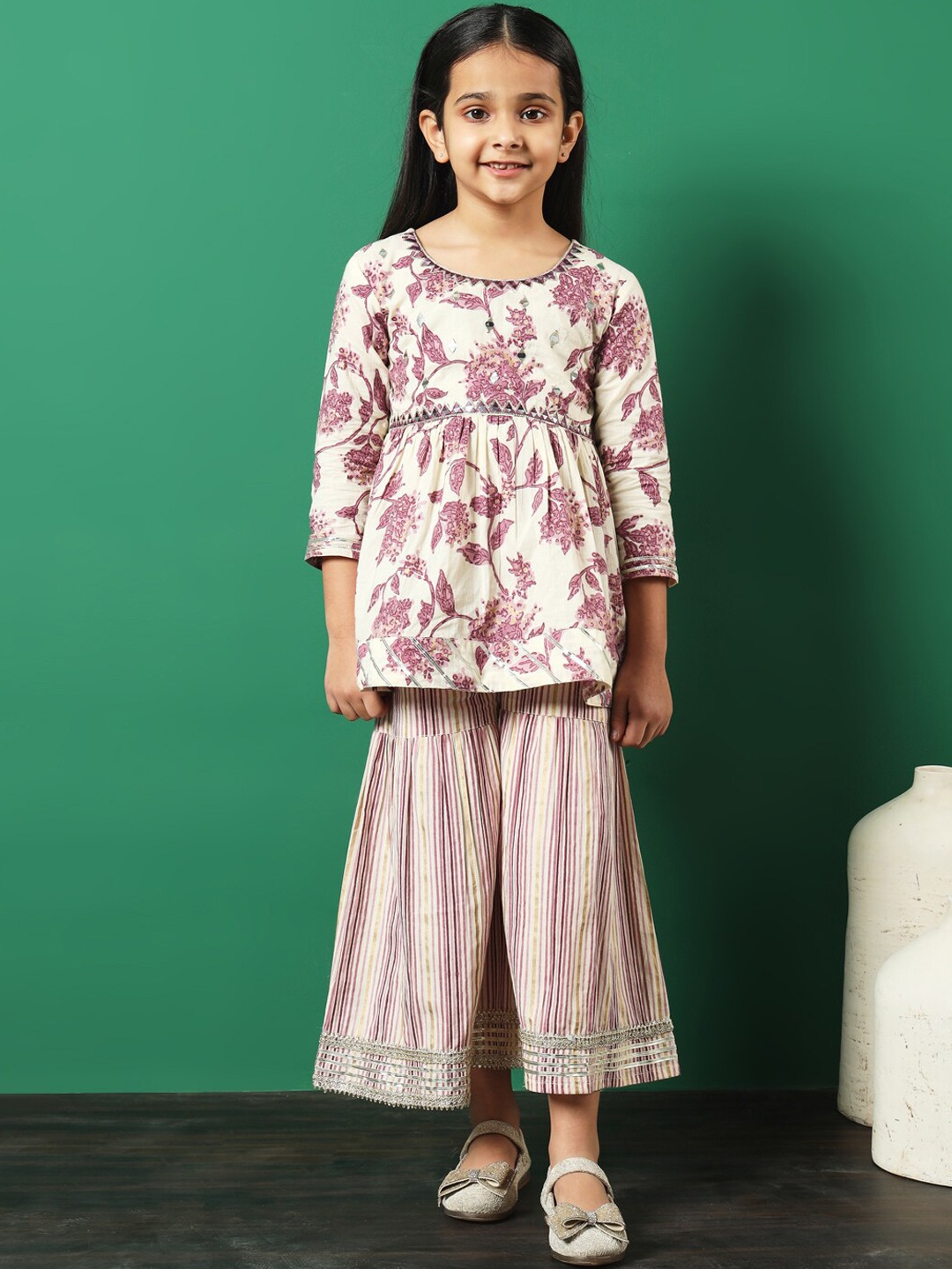 

Readiprint Girls Floral Printed Empire Mirror Work Pure Cotton Kurti with Sharara, Mauve