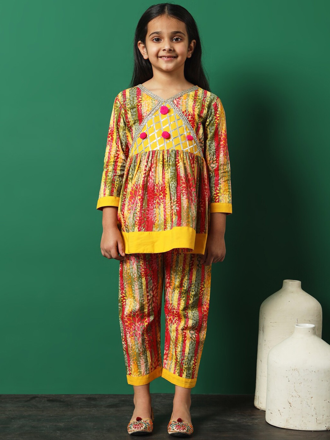 

Readiprint Girls Printed Empire Gotta Patti Cotton Kurti with Trousers, Yellow