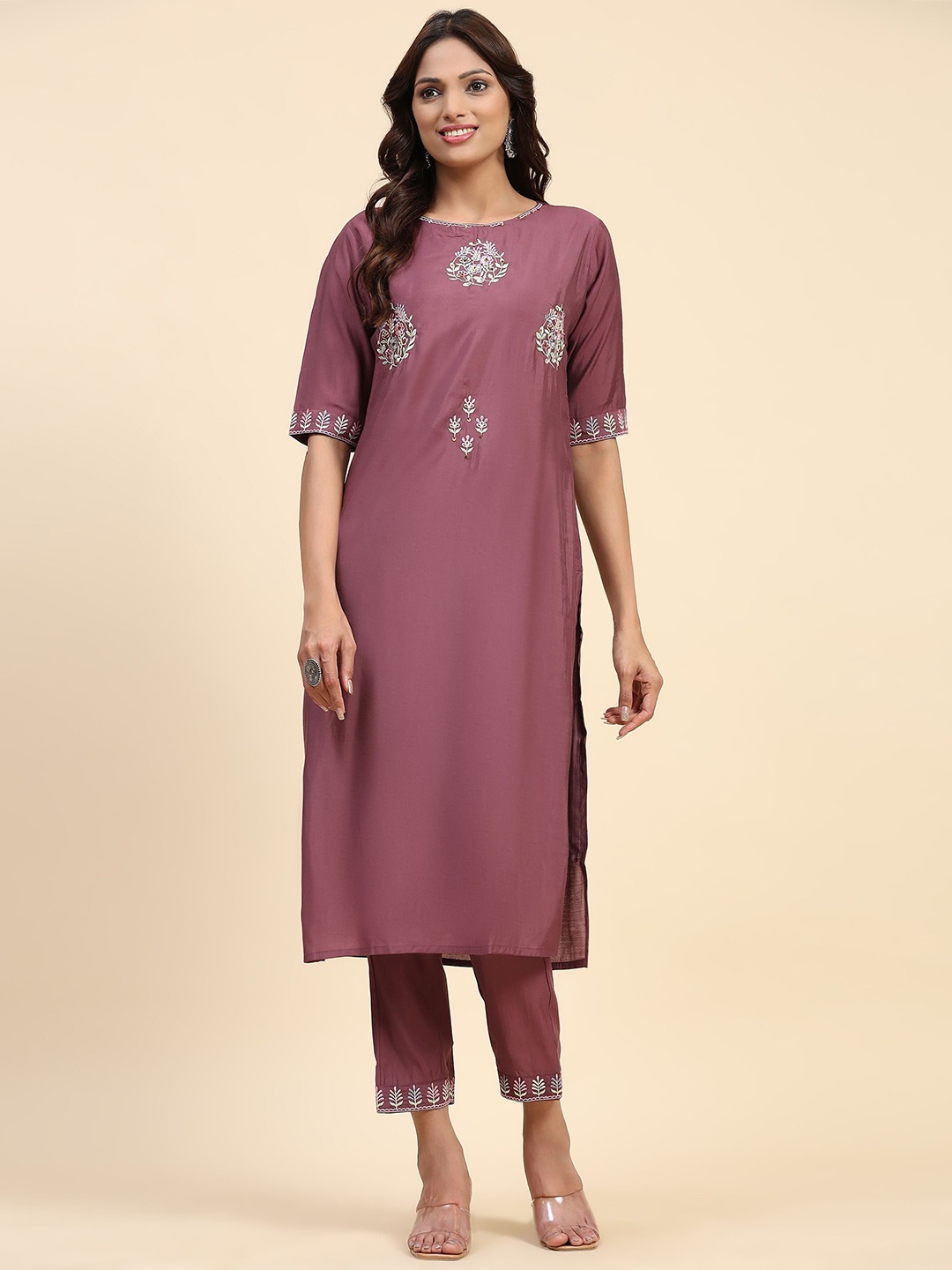 

Phenav Ethnic Motifs Embroidered Regular Thread Work Kurta with Trousers, Purple