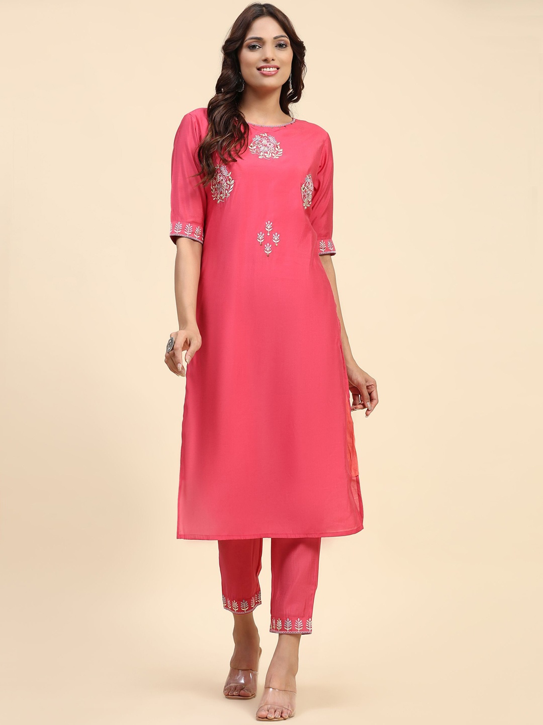 

Phenav Ethnic Motifs Embroidered Regular Thread Work Kurti with Trousers, Pink