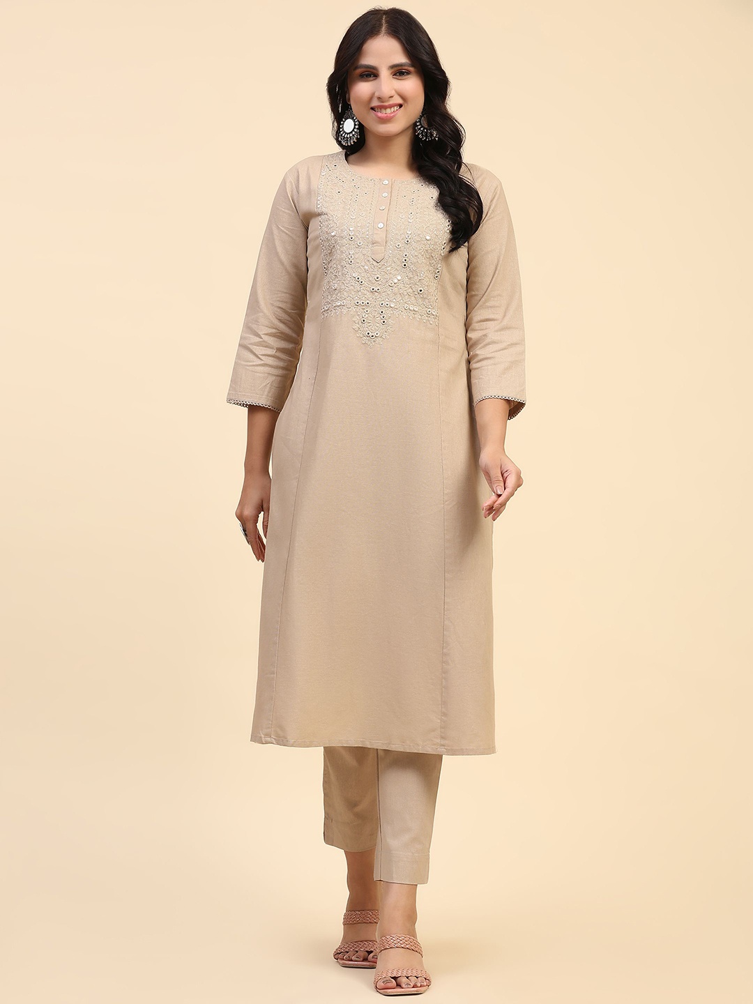 

Phenav Ethnic Motifs Embroidered Regular Mirror Work Kurta with Trousers, Beige