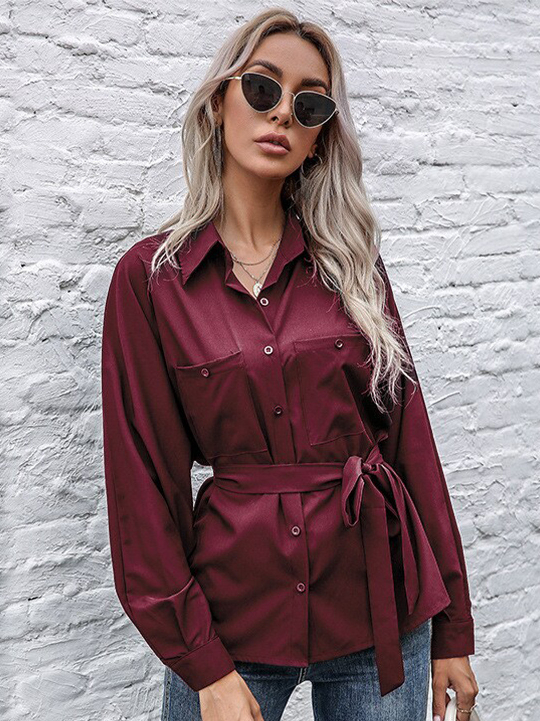 

StyleCast Maroon Spread Collar Tie Up Cotton Casual Shirt