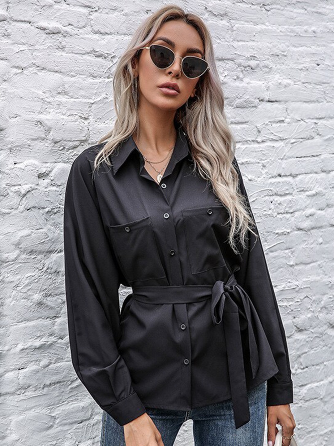 

StyleCast Black Spread Collar Tie Up Cotton Casual Shirt