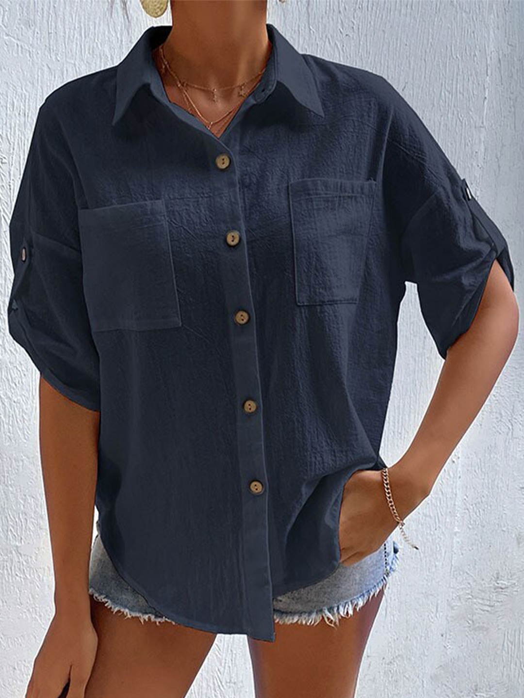 

StyleCast Navy Blue Spread Collar Roll Up Sleeves Cotton Casual Shirt