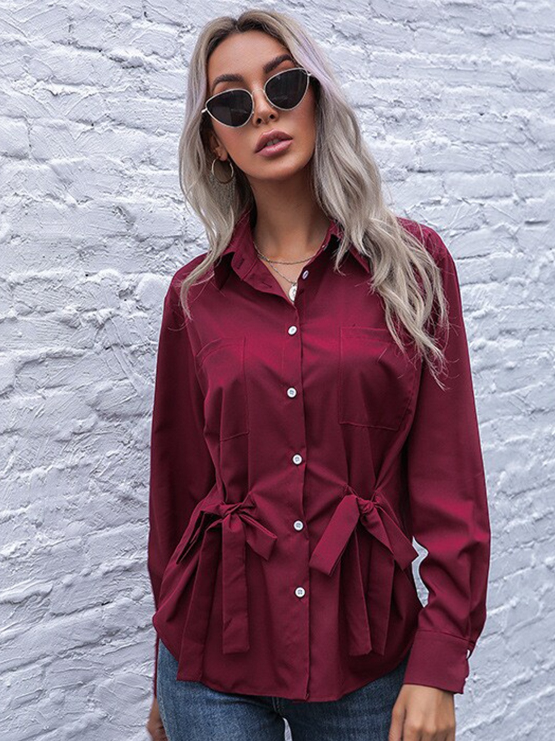 

StyleCast Maroon Spread Collar Tie Up Cotton Casual Shirt