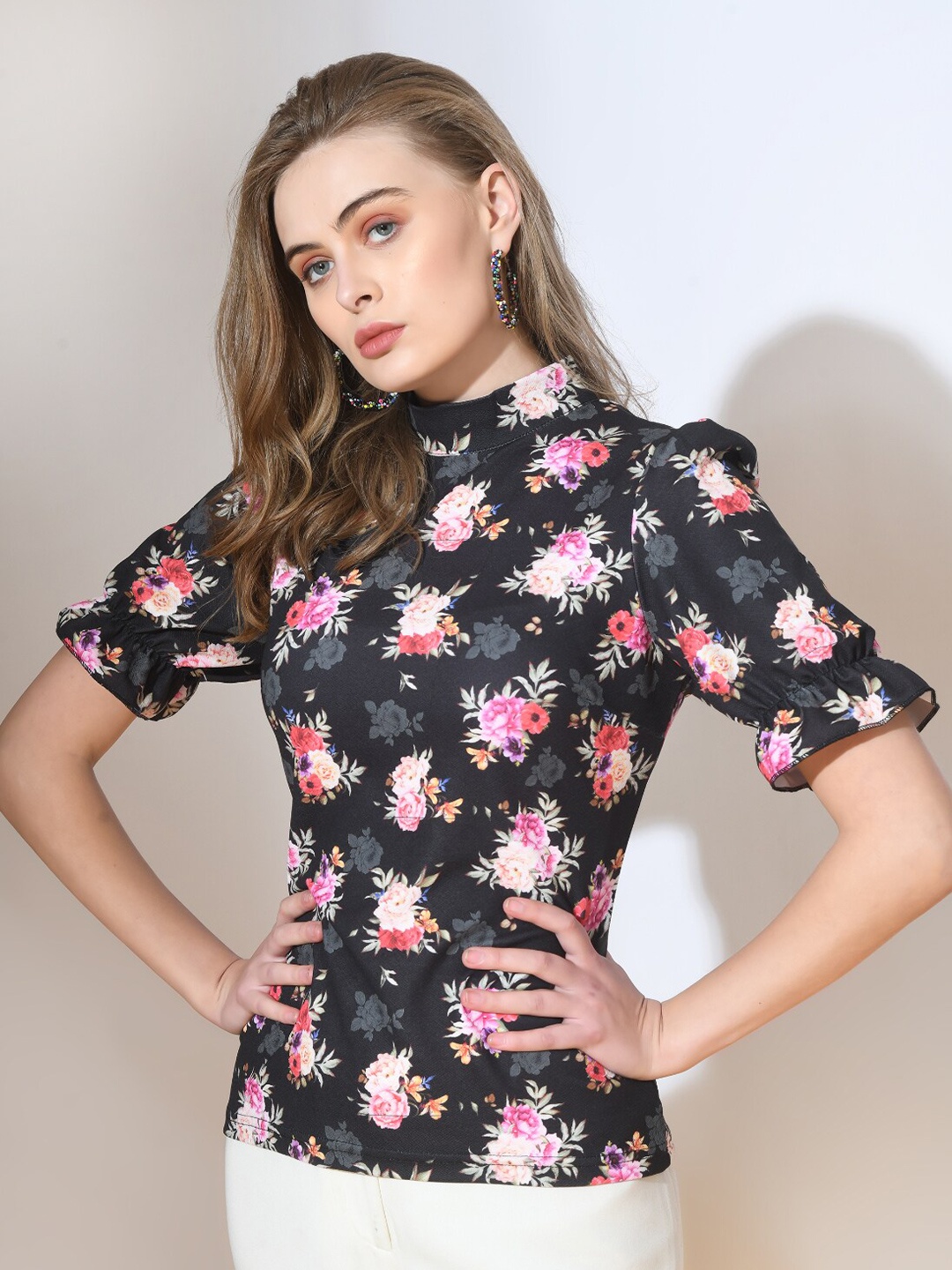 

Moshe Floral Print Puff Sleeve Top, Black