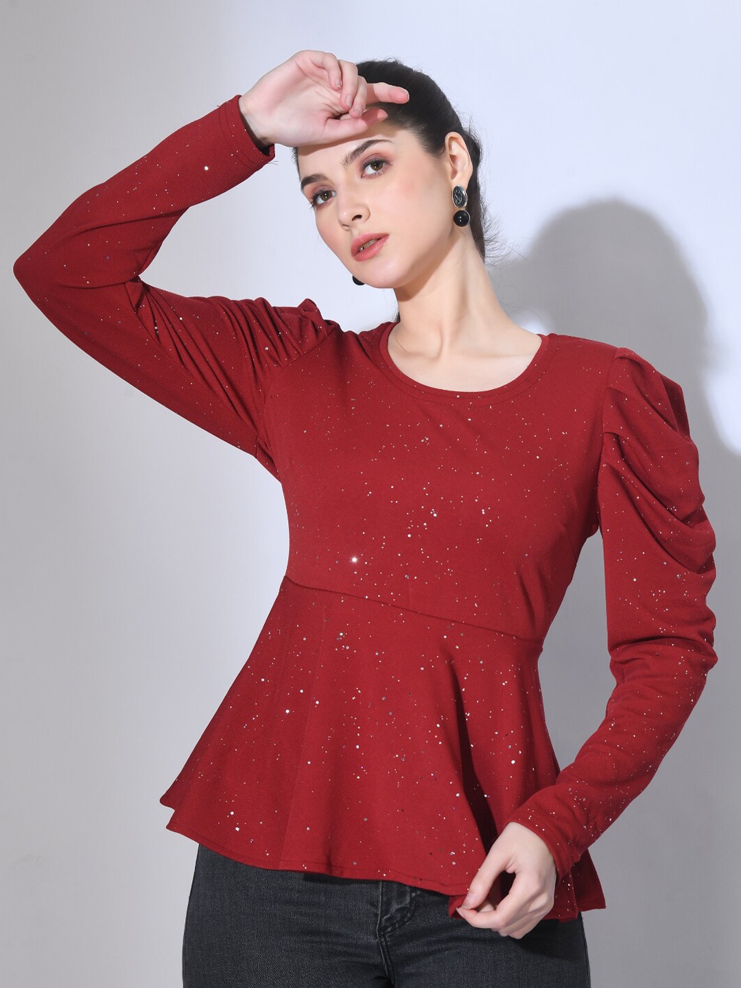 

Moshe Embellished Round Neck Puff Sleeves Peplum Top, Maroon