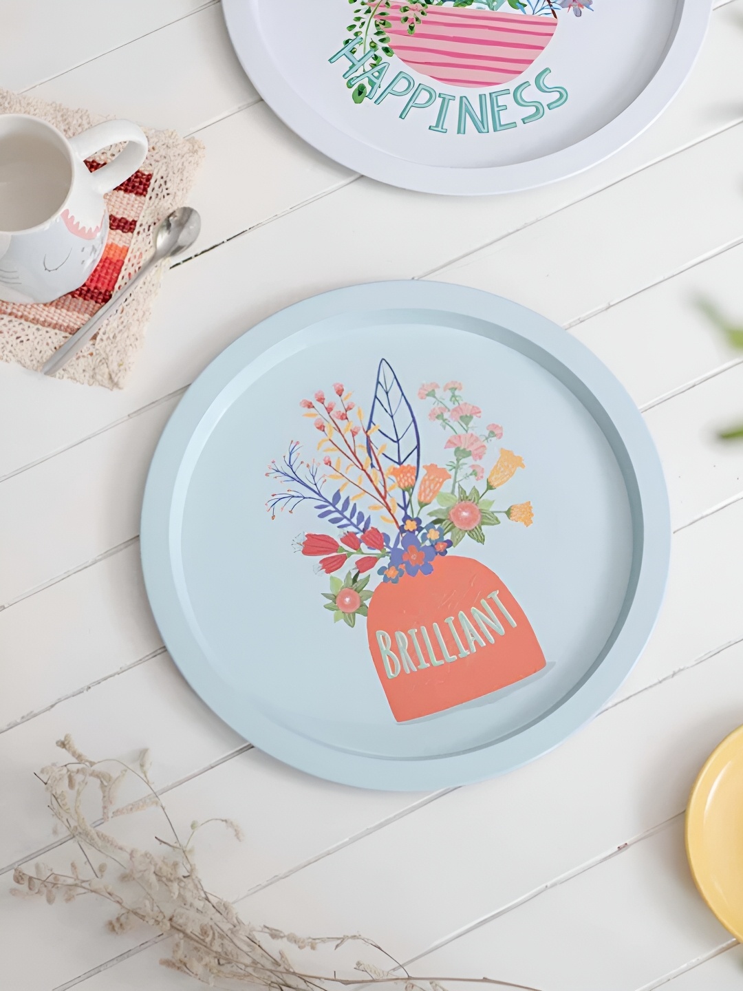 

THEDECORKART Blue Printed Round Tray