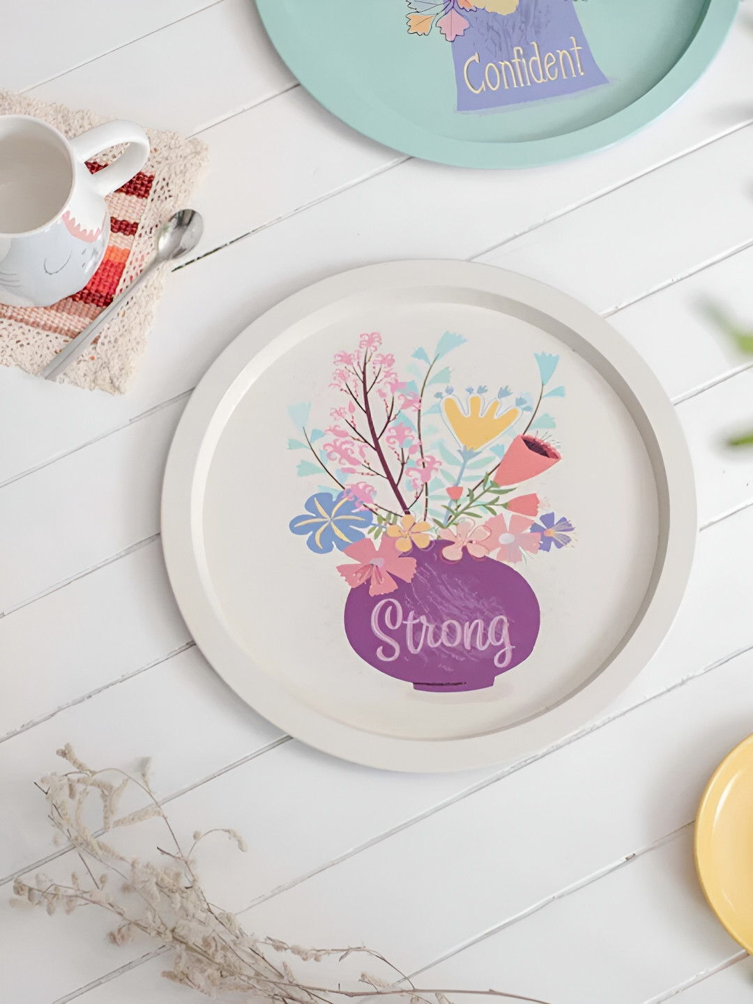 

THEDECORKART White & Purple Printed Round Tray