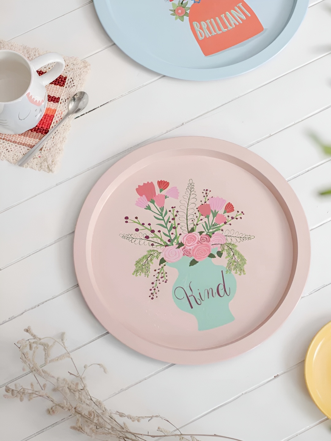

THEDECORKART Pink & Blue Printed Round Tray