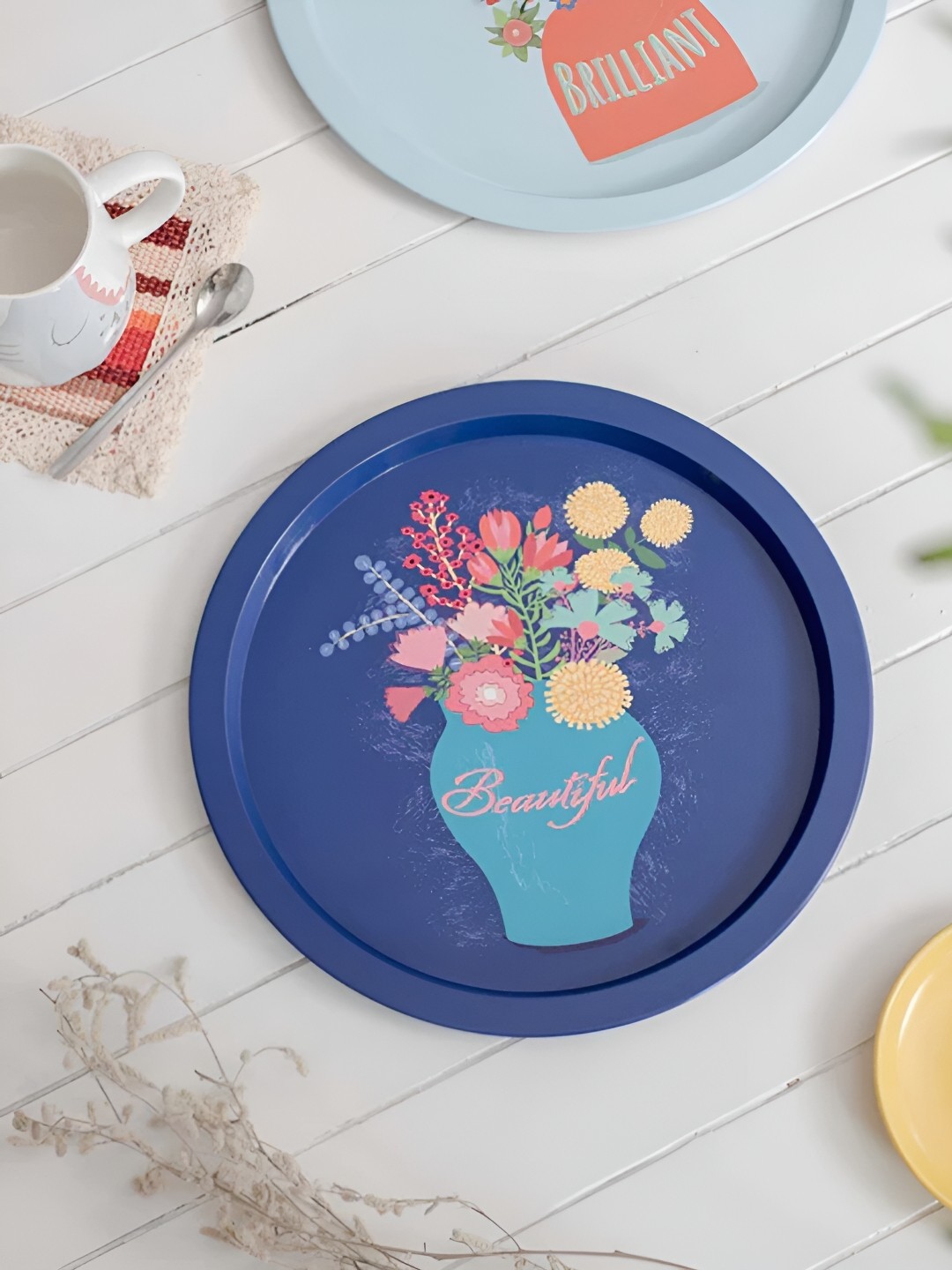 

THEDECORKART Navy Blue Printed Round Tray