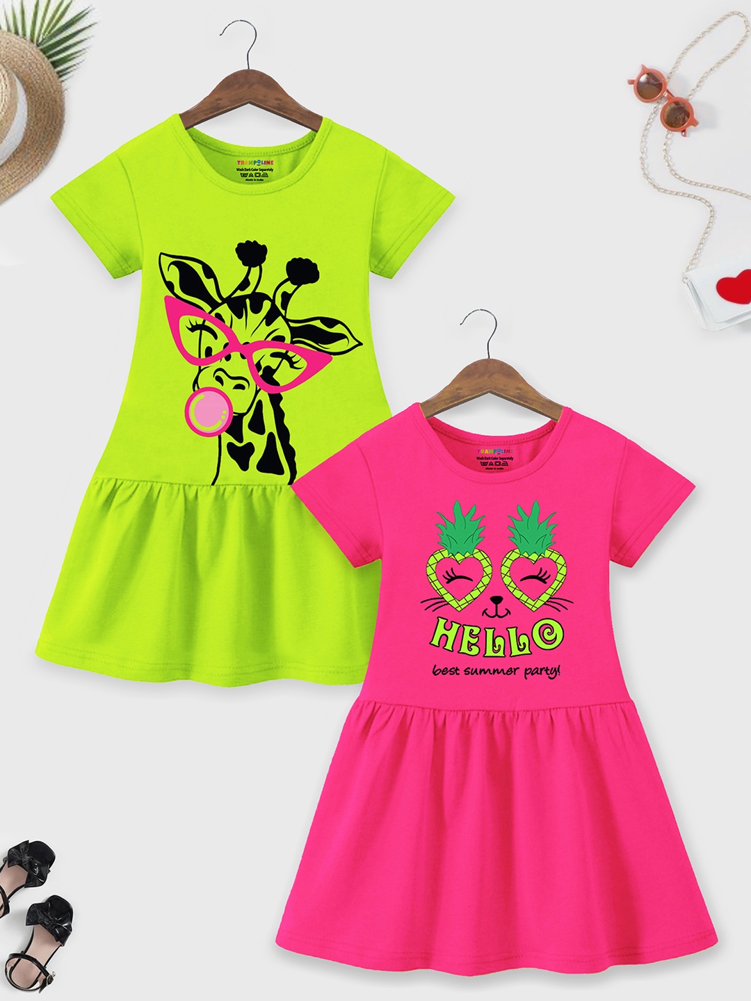 

Trampoline Girls Pack of 2 Graphic Printed Cotton A Line Dresses, Green