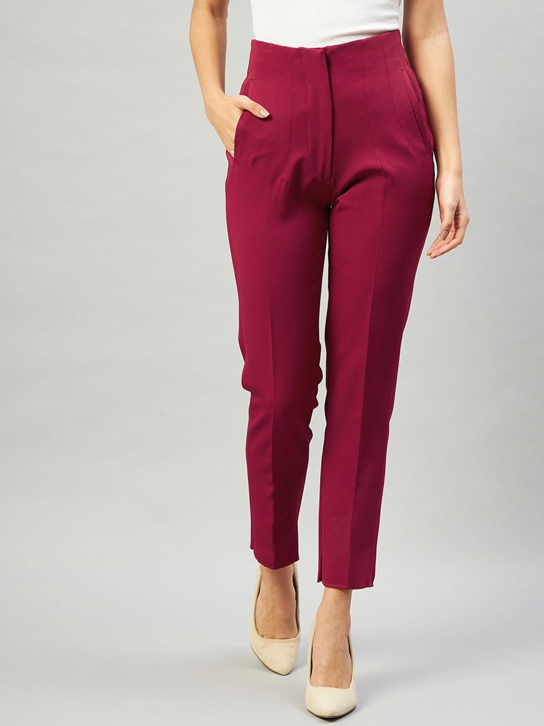 

DELAN Women Relaxed Slim Fit High-Rise Easy Wash Trousers, Maroon