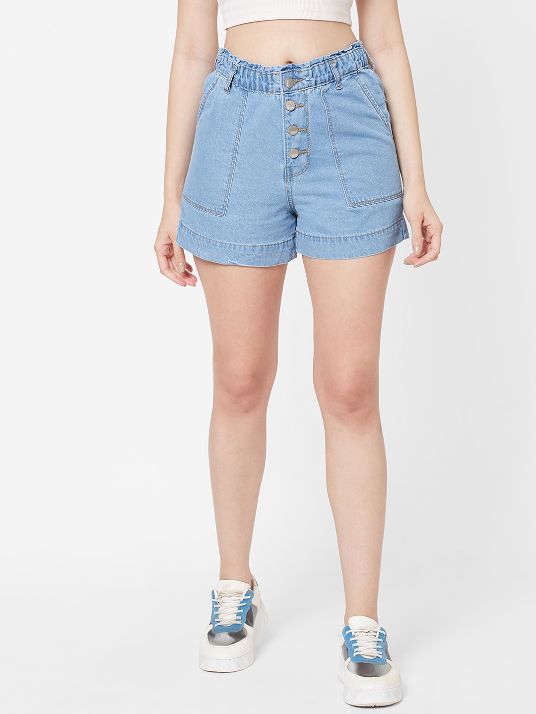 

Kraus Jeans Women Slim Fit High-Rise Pure Cotton Denim Shorts, Blue