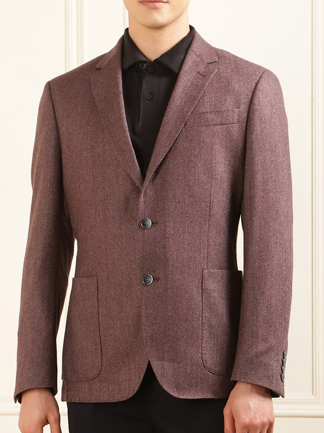

HACKETT LONDON Herringbone Self-Design Single-Breasted Wool Formal Blazer, Burgundy