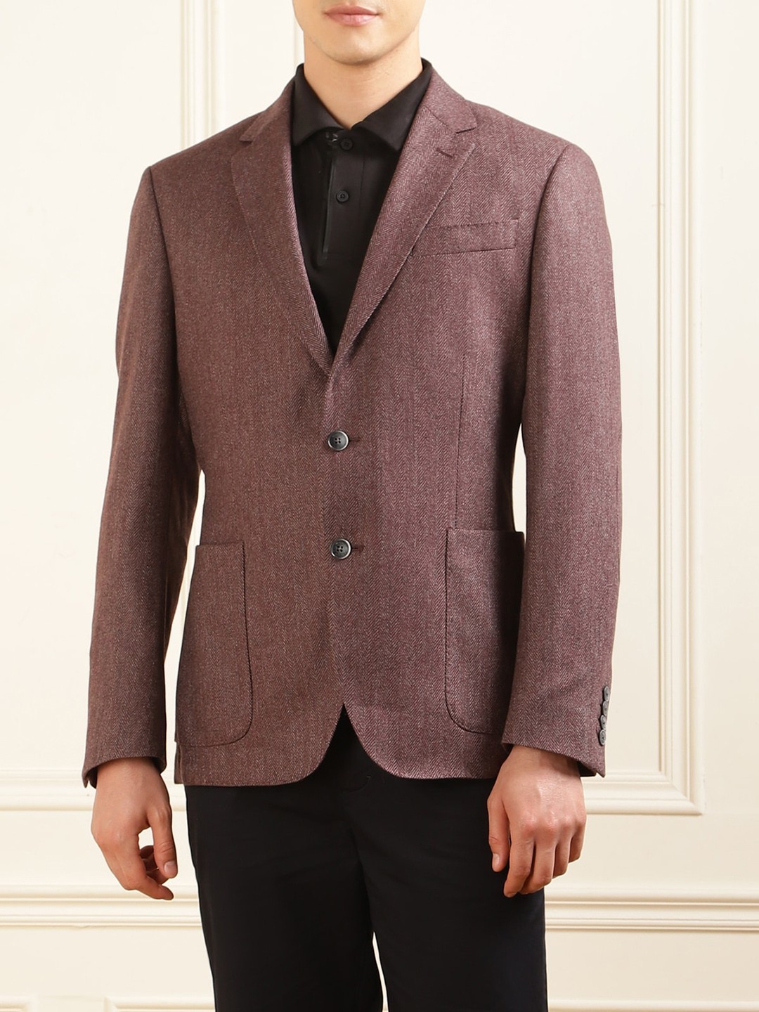 

HACKETT LONDON Herringbone Self-Design Single-Breasted Formal Blazer, Burgundy