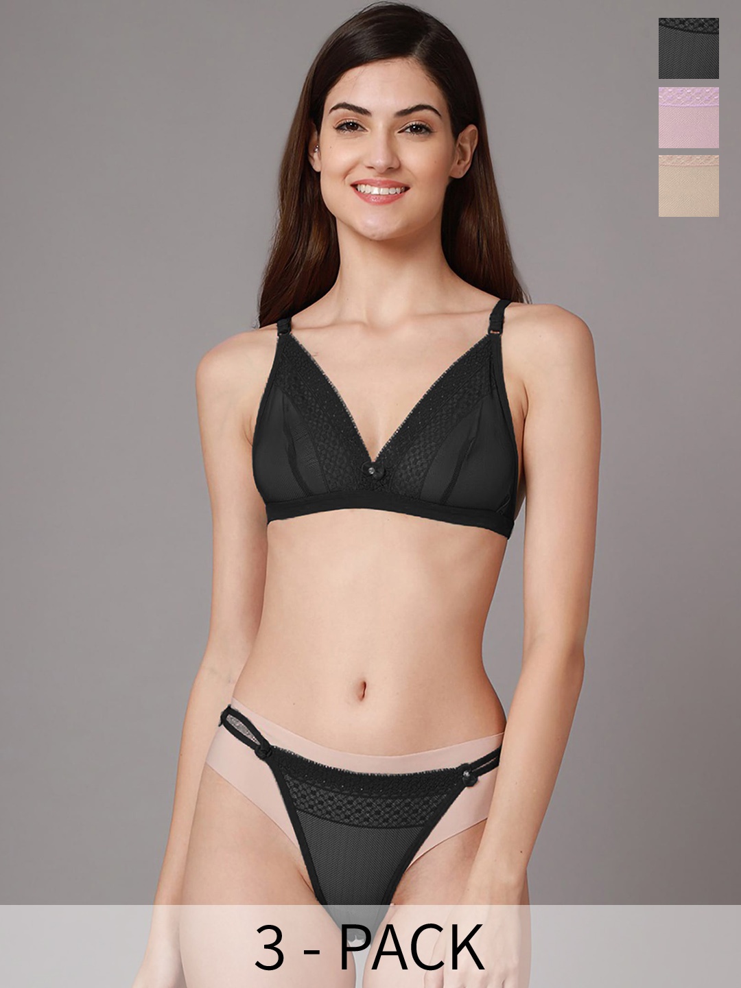 

In-Curve Pack Of 3 Self-Design Lingerie Set E_Baby Set_Green,Pink,Black