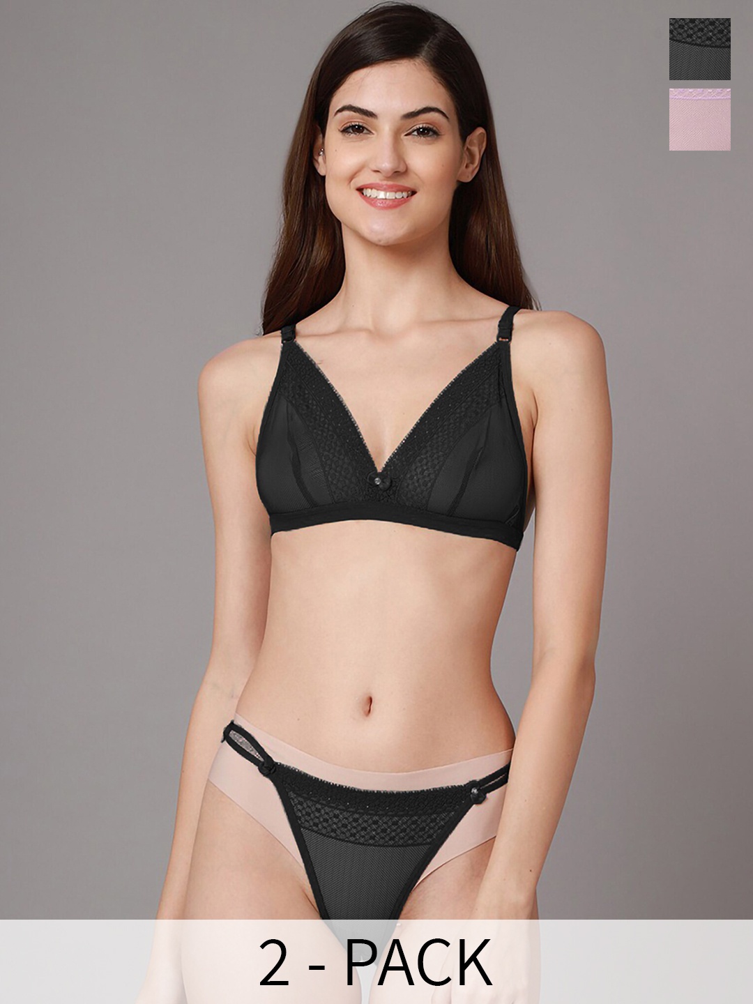 

In-Curve Pack Of 2 Self-Design Lingerie Set E_Baby Set_Pink,Black