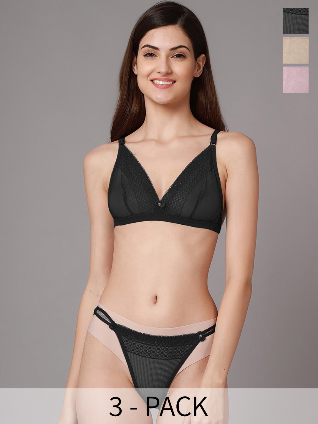 

In-Curve Pack Of 3 Self-Design Lingerie Set E_Baby Set_Pink,Black,Brown