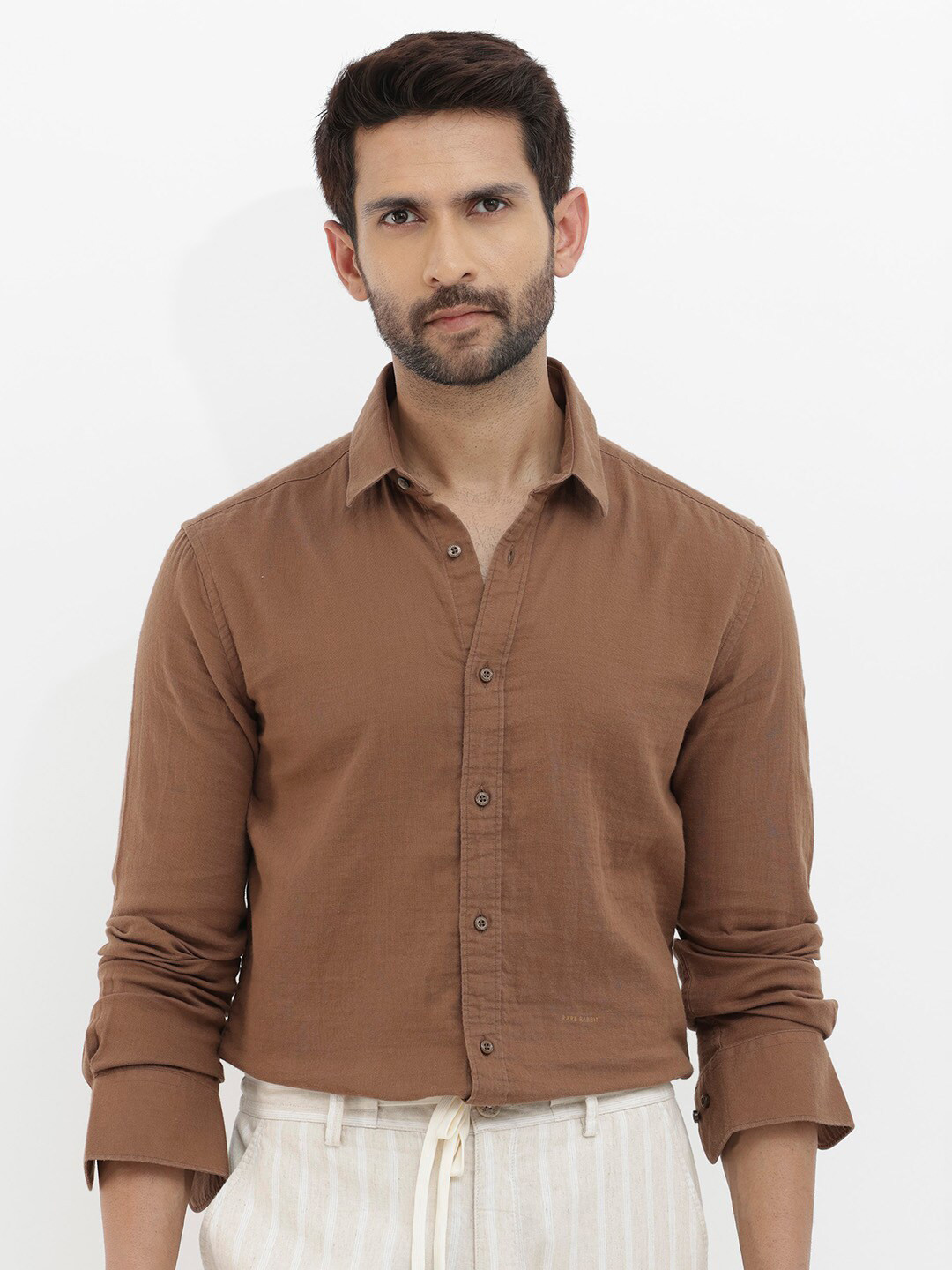 

RARE RABBIT Men Layerr Regular Fit Spread Collar Cotton Shirt, Brown