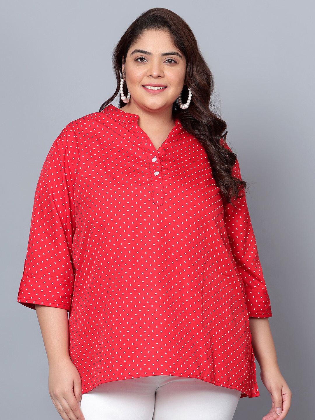 

Indietoga Plus Size Polka Dot Printed Mandarin Collar Roll-Up Sleeves Crepe A-Line Top, Red