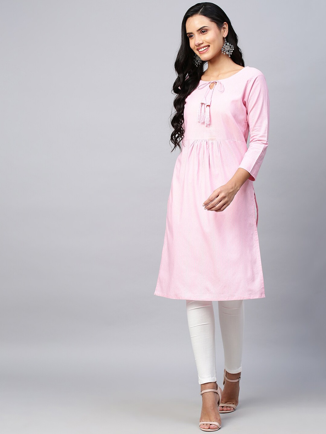 

DIVASTRI Tie-Up Neck Calf Length High-Low Pleated A-Line Kurta, Pink
