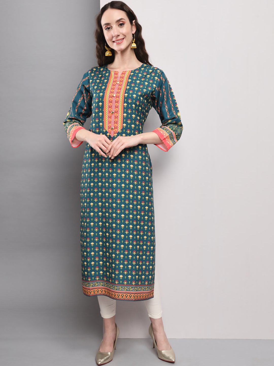

DIVASTRI Ethnic Motifs Printed Round Neck Thread Work Straight Kurta, Green