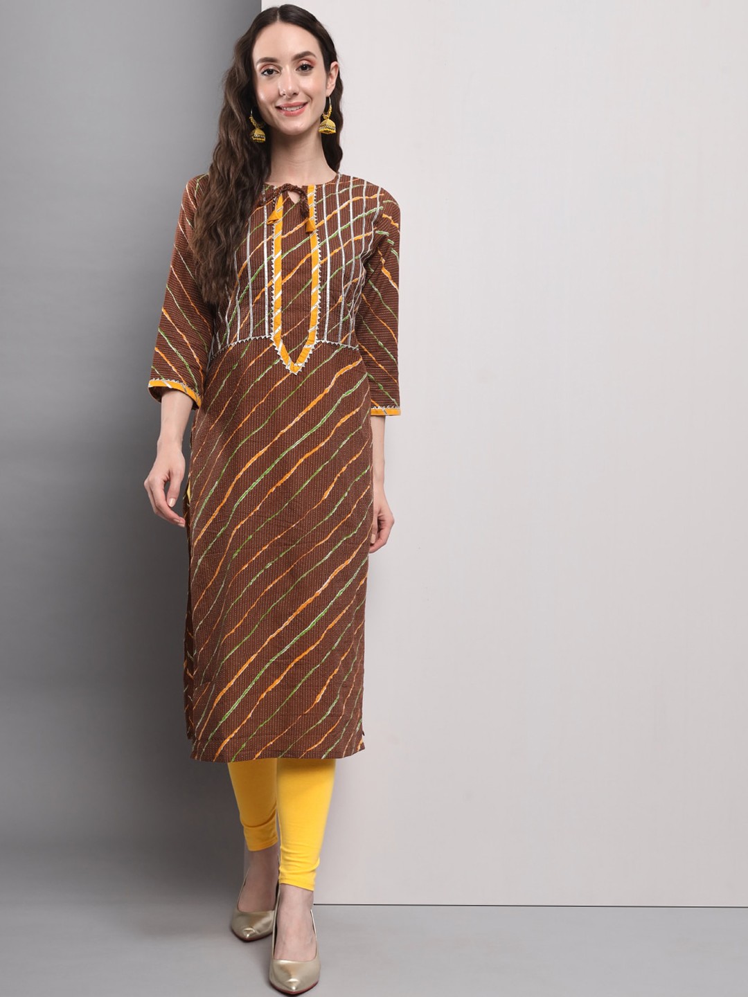 

DIVASTRI Striped Embroidered Tie-Up Neck Thread Work Straight Kurta, Brown