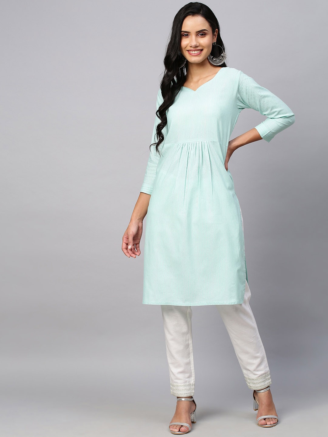 

DIVASTRI V-Neck A-Line Pleated Straight Kurta, Teal