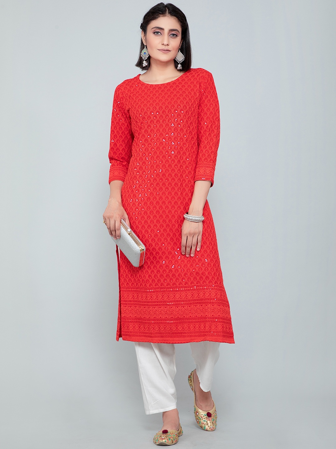 

DIVASTRI Geometric Embroidered Sequinned Jacquard Straight Kurta, Red