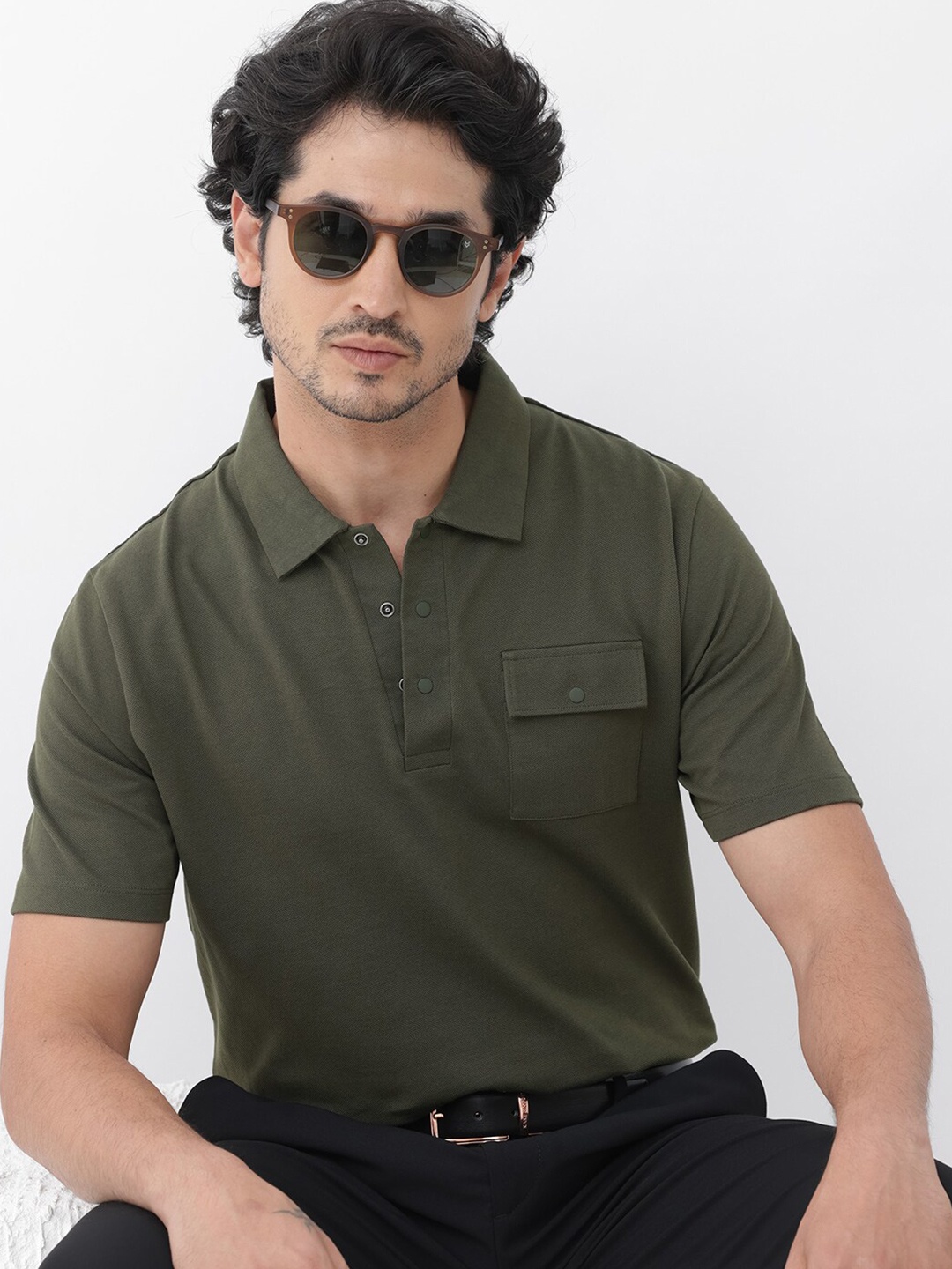 

RARE RABBIT Men Paxton Regular Fit Polo Collar Cotton T-Shirt, Olive