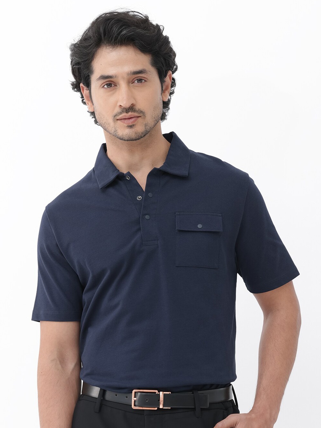 

RARE RABBIT Men Paxton Regular Fit Polo Collar Cotton T-Shirt, Navy blue