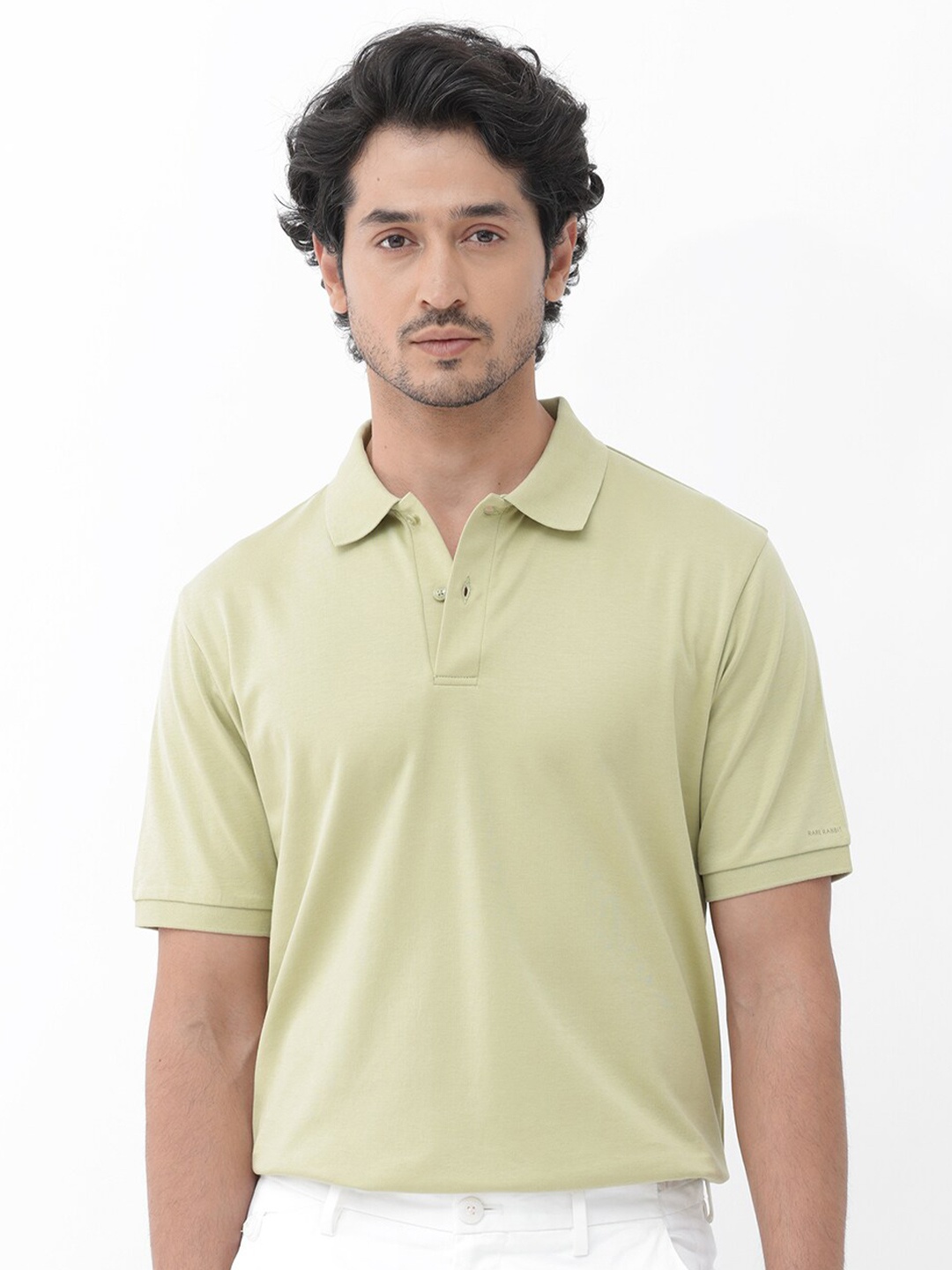 

RARE RABBIT Men Rings-4 Slim Fit Solid Polo Collar T-Shirt, Green