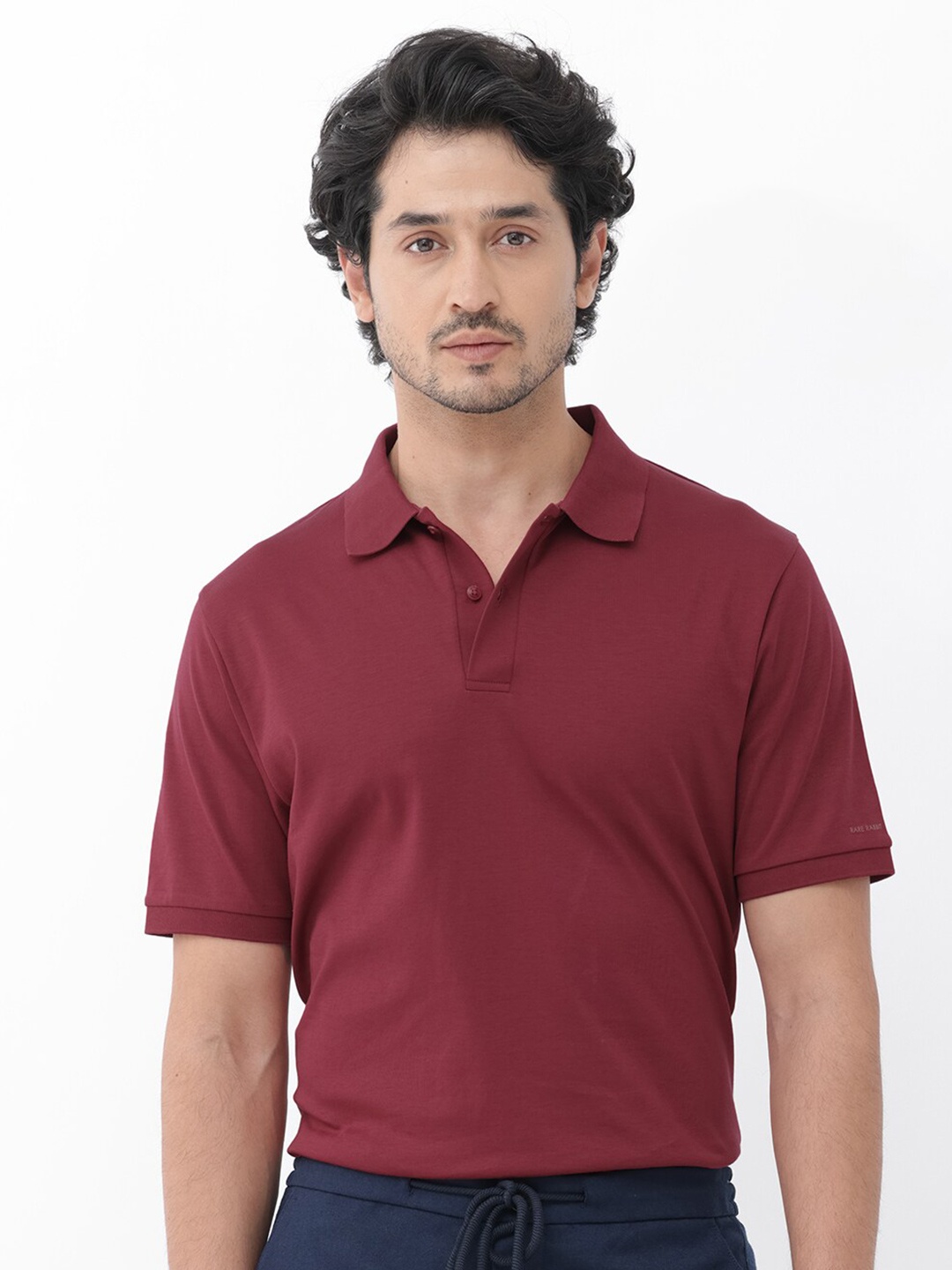 

RARE RABBIT Men Rings-4 Slim Fit Solid Polo Collar T-Shirt, Red