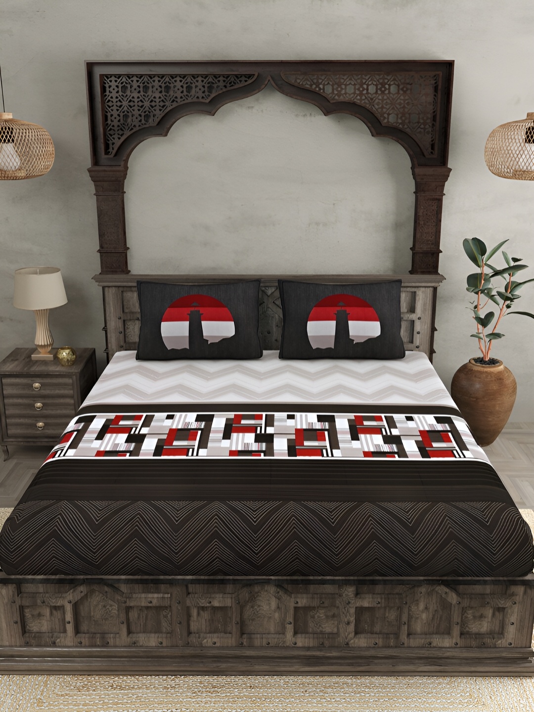 

JAIPUR FABRIC Grey & Black Printed Cotton 300 TC King Bedsheet with 2 Pillow Covers