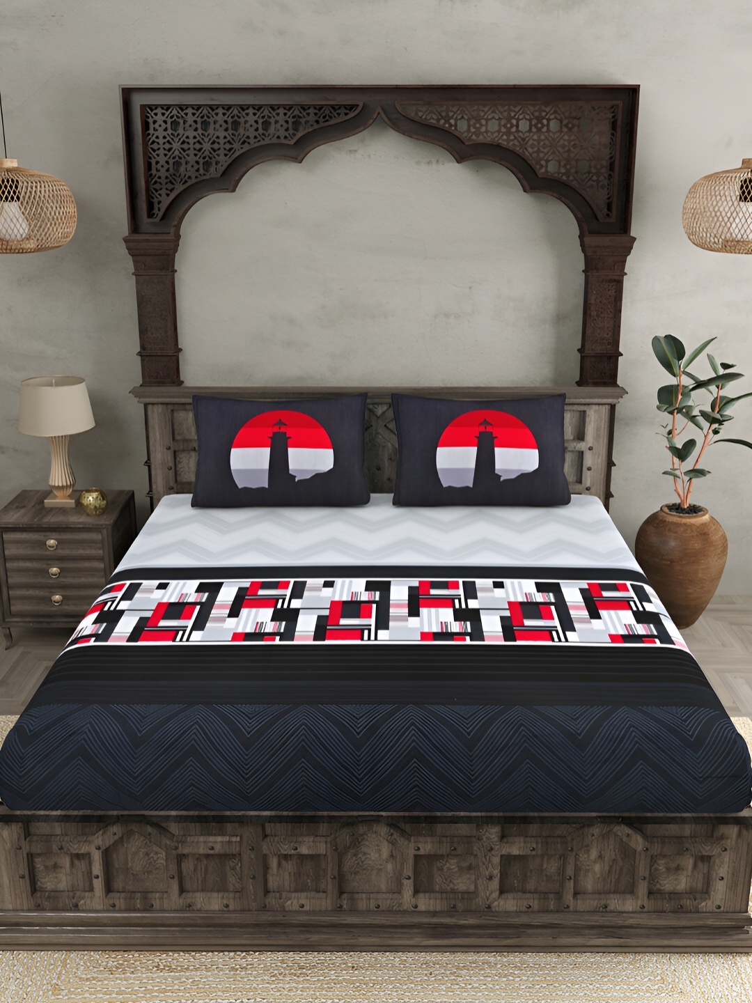 

JAIPUR FABRIC Grey & Black Printed Cotton 300 TC King Bedsheet with 2 Pillow Covers