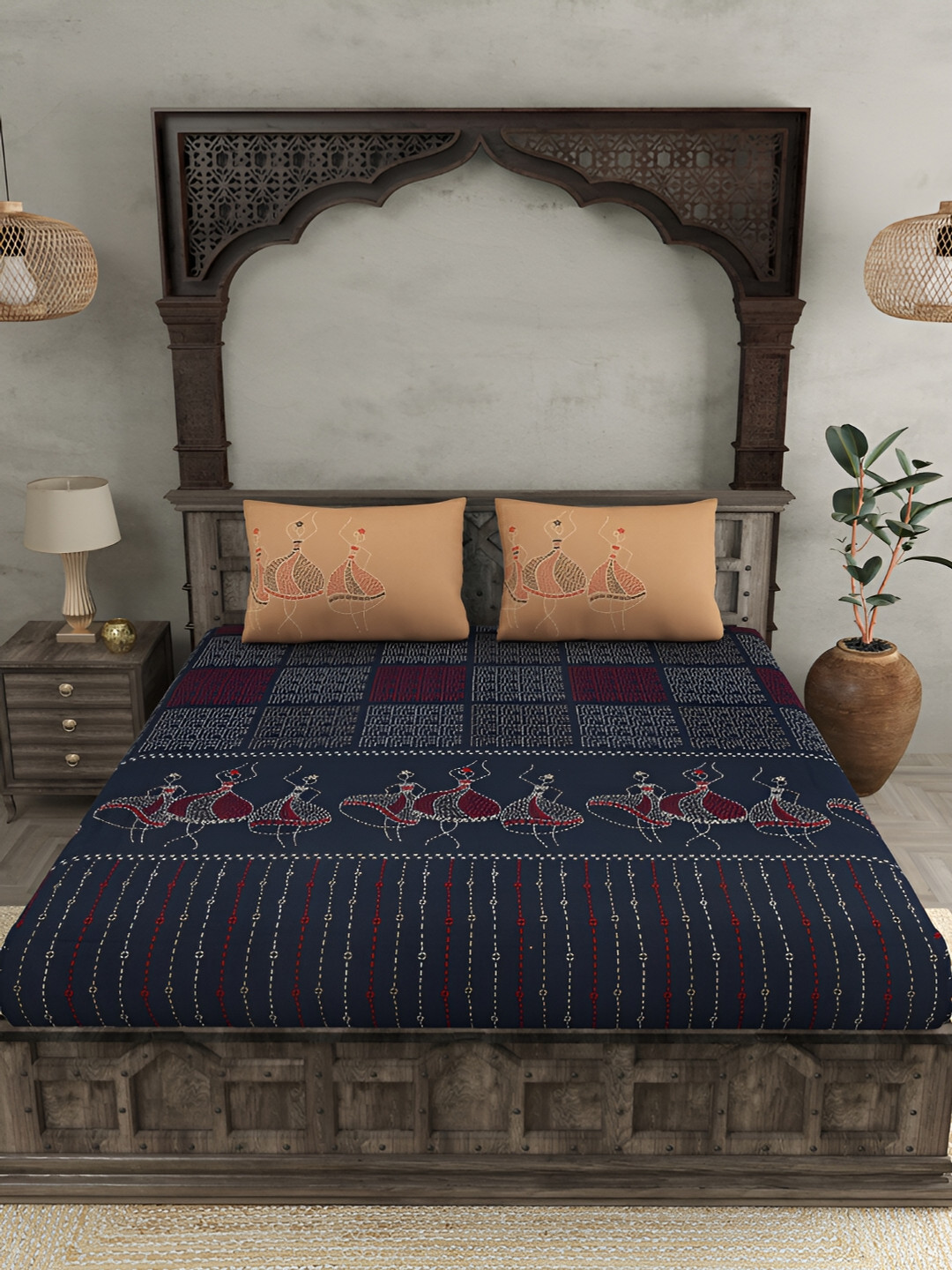 

JAIPUR FABRIC Blue & Red Ethnic Motifs Cotton 300 TC King Bedsheet with 2 Pillow Covers