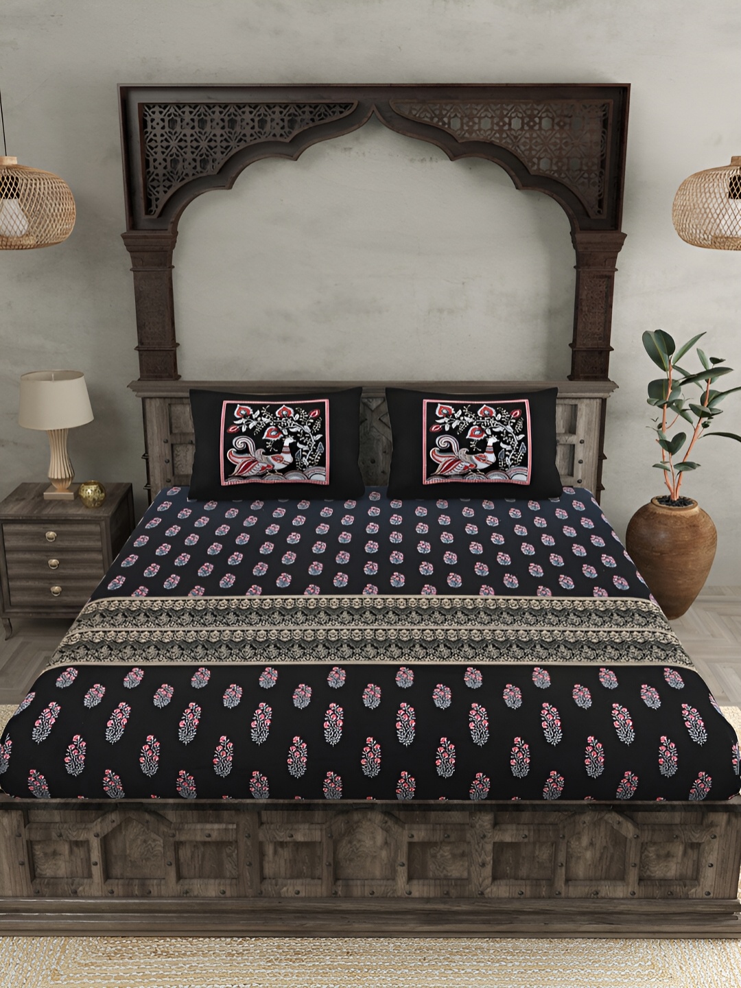 

JAIPUR FABRIC Black & Red Ethnic Motifs Cotton 300 TC King Bedsheet with 2 Pillow Covers