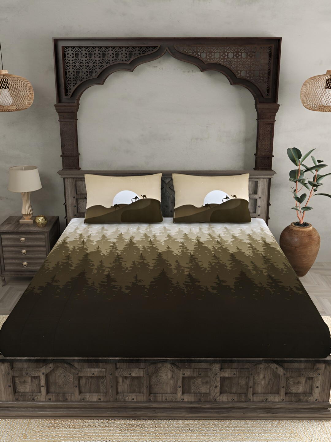 

JAIPUR FABRIC Beige & Green Abstract 300 Cotton TC King Bedsheet with 2 Pillow Covers