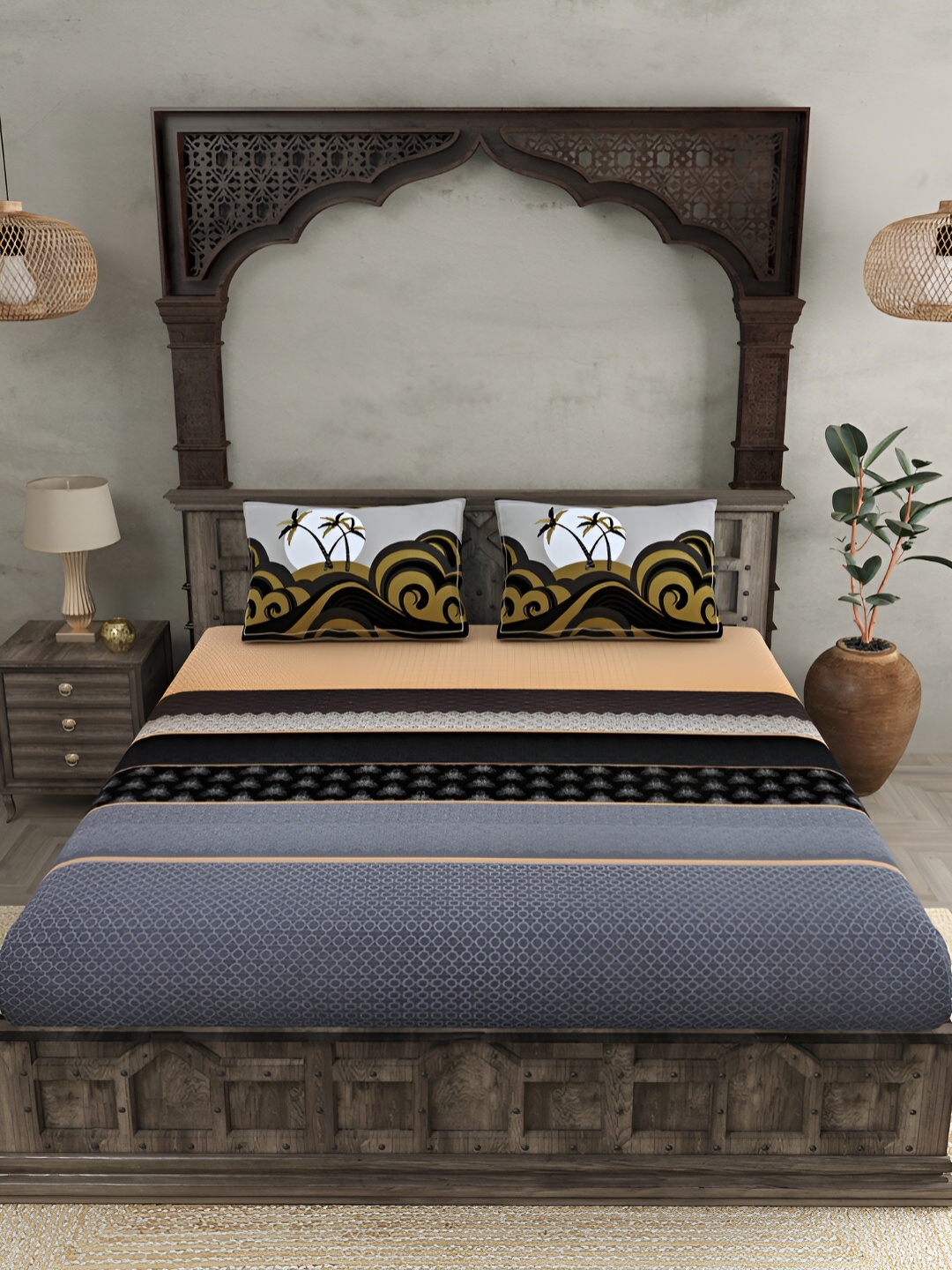 

JAIPUR FABRIC Peach-Coloured & Blue Geometric Cotton 300 TC King Bedsheet Set