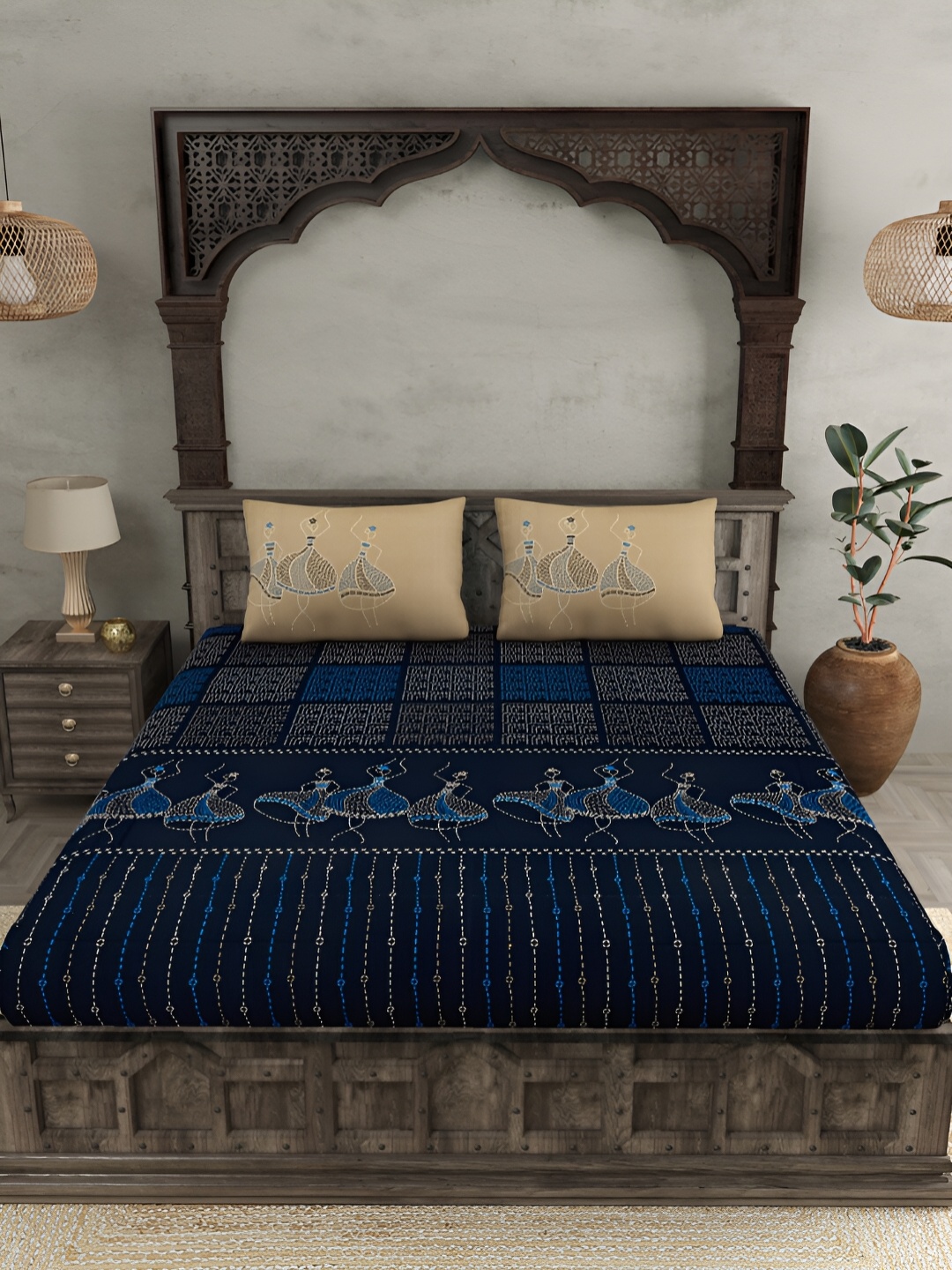 

JAIPUR FABRIC Blue & Cream-Coloured Ethnic Motifs Cotton 300 TC King Bedsheet Set