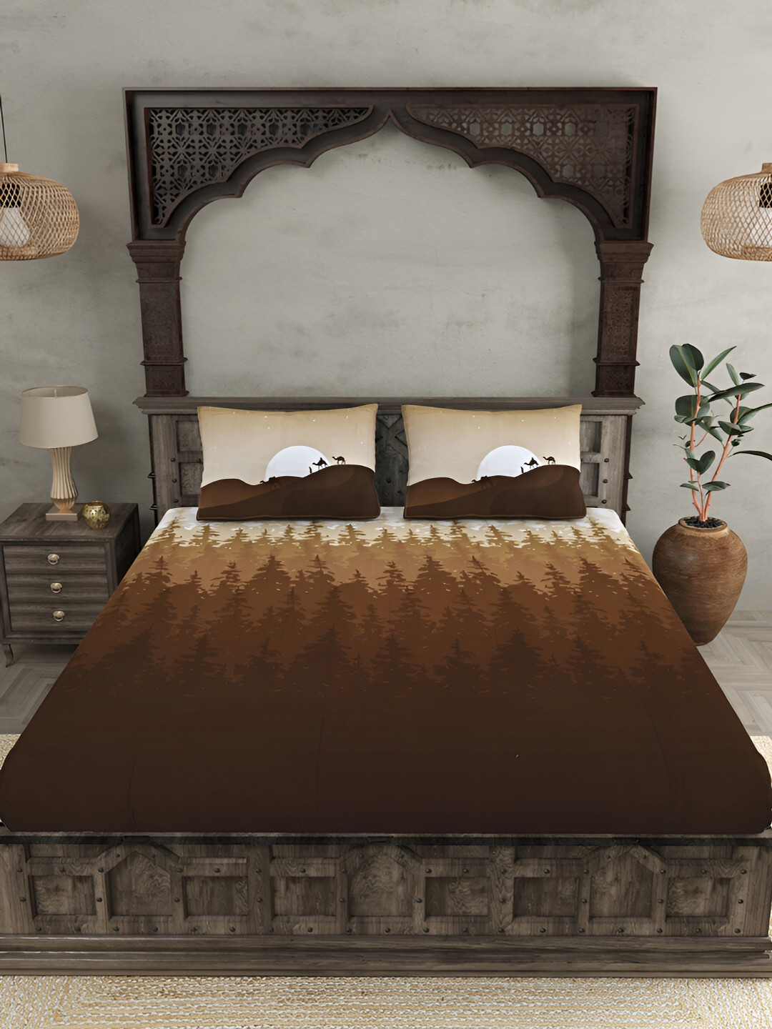 

JAIPUR FABRIC Beige & Brown Abstract Cotton 300 TC King Bedsheet with 2 Pillow Covers