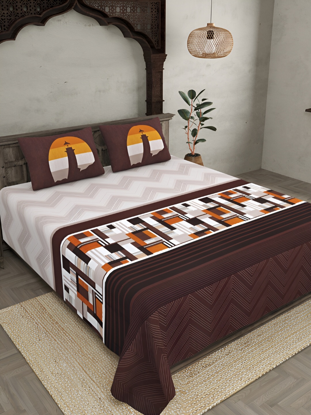 

JAIPUR FABRIC Beige & Brown Abstract Cotton 300 TC King Bedsheet with 2 Pillow Covers