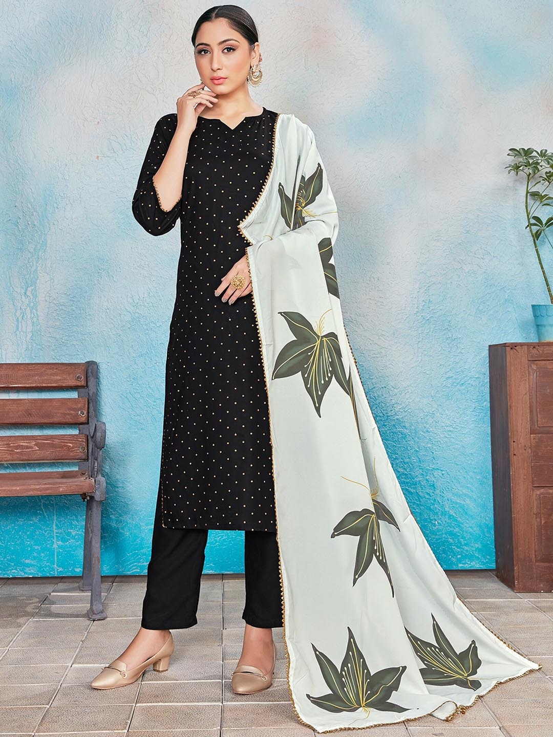 Mitera Printed Regular Kurta with Trousers & With Dupatta, Black
