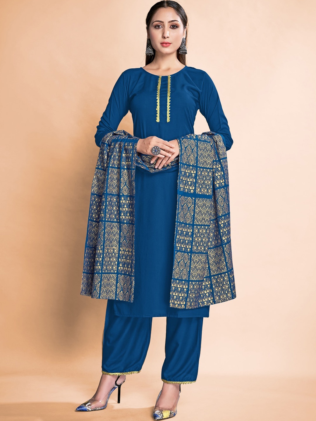 

Mitera Regular Gotta Patti Kurta with Trousers & With Dupatta, Blue