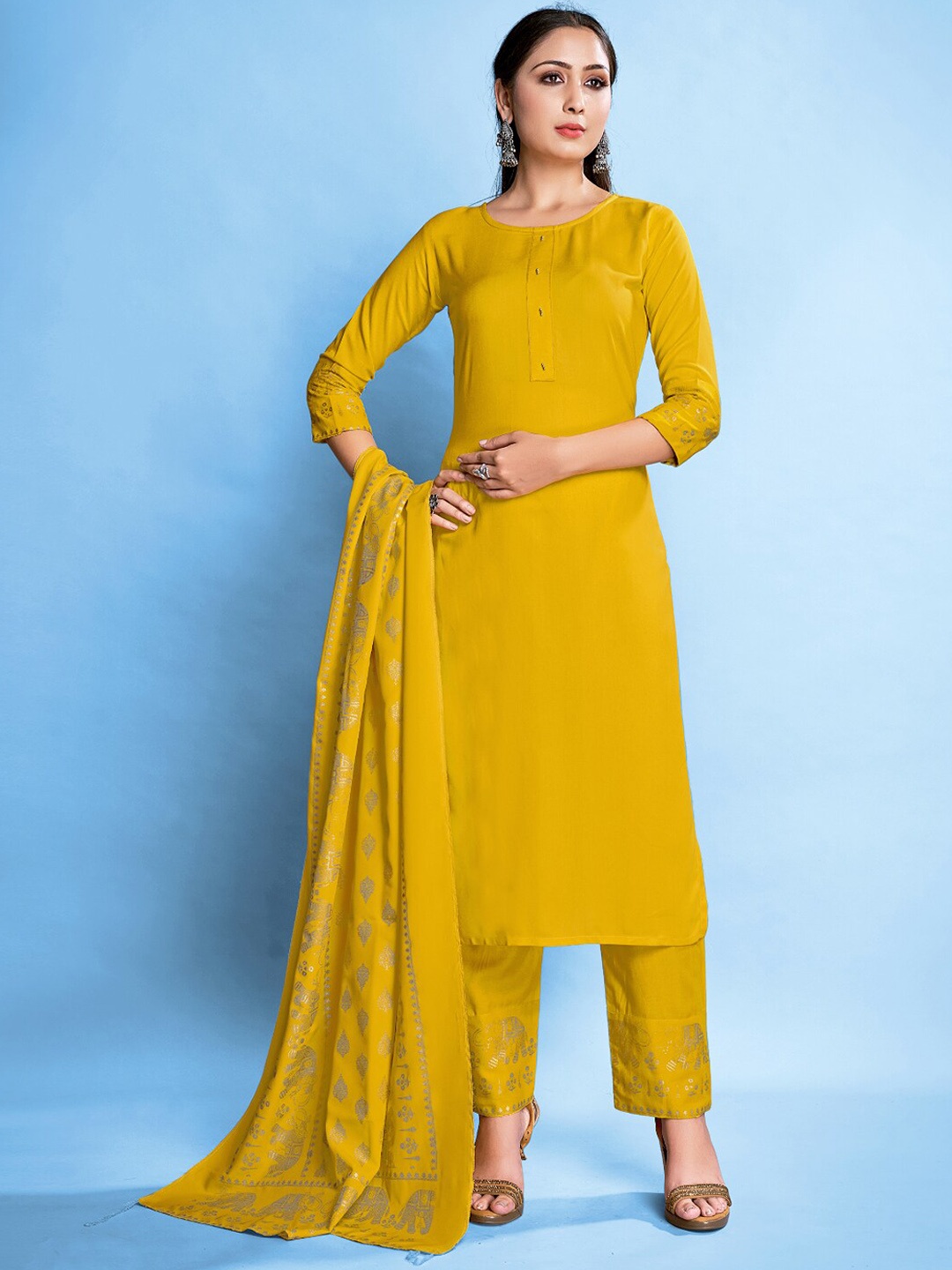 

Mitera Floral Regular Kurta with Trousers & With Dupatta, Yellow