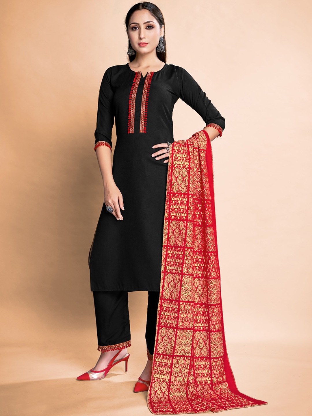 Mitera Round Neck Gotta Patti Straight Kurta with Trousers & Dupatta, Black