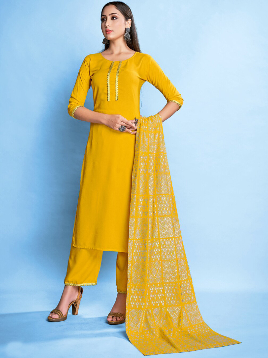 

Mitera Regular Gotta Patti Kurta with Trousers & With Dupatta, Yellow