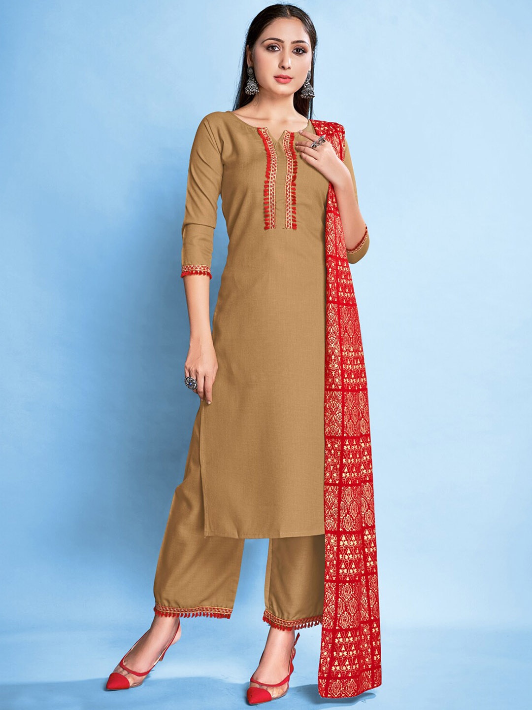 

Mitera Yoke Design Regular Kurta with Trousers & With Dupatta, Beige